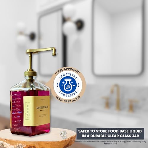 eBun Goldengleam Glass Mouthwash Dispenser (Gold Plastic Pump) 37oz Mouthwash Pump Dispenser, Mouth Wash Holder with Rinse Cup, Mouth Wash Glass Bottle, Decanter, Large Bottle for Bathroom Set