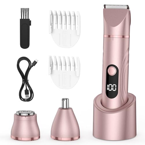 Bikini Trimmer for Women, Painless Lady Shavers with Facial Hair Removal and Nose Hair Trimmer for Leg, Nose,Body and Armpit (Rose Gold)