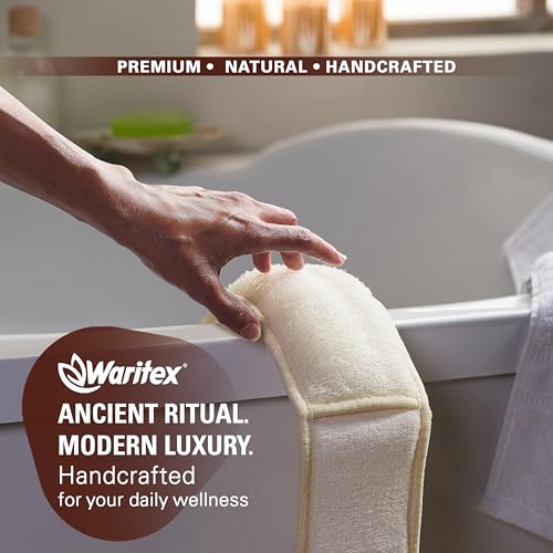 Waritex Natural Egyptian Loofah Back Scrubber for Shower, Extra-Long Exfoliating Strap Made with Natural Egyptian Loofah Fibers, Deep Cleaning Body Sponge for Men and Women ? Soft Cotton Handles