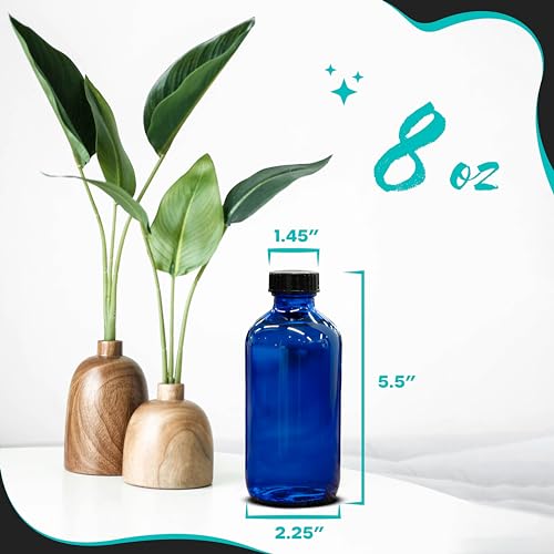 Nevlers 8 Oz Glass Bottles with Lids 18 Pack | Leakproof 8oz Bottles with Lids, Funnel, Brush, Marker & Labels | Cobalt Blue Bottle Set For Use as Glass Juice Jars, Vanilla Extract Making Kit & More