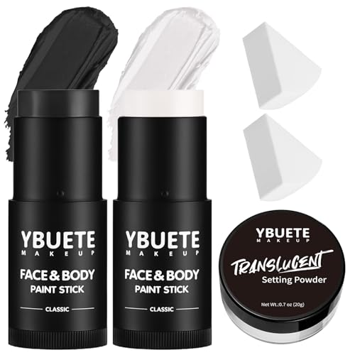 White Black Face Body Paint Stick Set with Translucent Setting Powder and Sponges, Professional Full Coverage Face Painting for Adults Halloween Cosplay SFX Skull Zombie Skeleton Goth Makeup