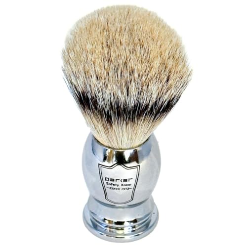 Parker 100% SILVERTIP Badger Shaving Brush ? Chrome Handle & Stand ? Premium 3-Band Badger Bristles for Smooth, Luxurious Lather