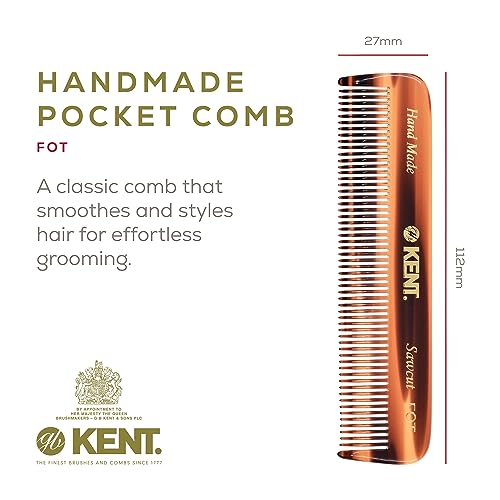Kent FOT Handmade Fine Tooth Saw Cut Beard and Hair Comb - Pocket Travel Styling Comb for Fine or Thinning Hair, Beard Care Essential Kit