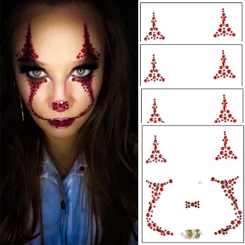 4 Pieces Face Gems Jewels Tattoos for Halloween, Day of the Dead Face Temporary Skull Tattoos Rhinestone Crystal Stones Body Gems Makeup Stickers for Halloween Festival Rave Party Outfit