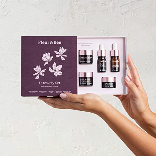 Fleur & Bee Skincare Set, Discovery Set, 5 Deluxe Minis Moisturizers, Serums, Eye Cream | Skin Care Gift Set Vegan & Cruelty-Free | Travel Friendly