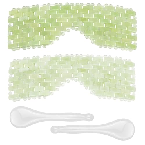 4 Pcs Jade Eye Mask & Skin-Safe Glass Facial Massage Tool, Jade Cooling Mask & Gua Sha Therapy Roller for Skincare Relieve Puffiness, Anti-Aging, Stress Relief