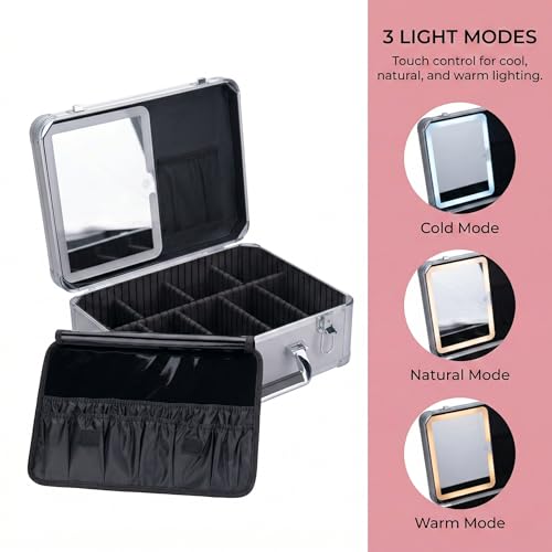 CHENGLIN Makeup Case with Lighted Mirror ? Waterproof Travel Train Case, Cosmetic Organizer with Adjustable Dividers, Magnetic LED Mirror, Portable Makeup Suitcase for Women (Silver)