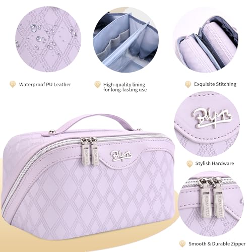 BOYATU Travel Makeup Bag for Women: 3-Piece Quilted Cosmetic&Toiletry Organizer - 2 Detachable Pouches Expandable Storage for Travel Essentials,Opens Flat for Packing,Waterproof PU Leather(Purple)
