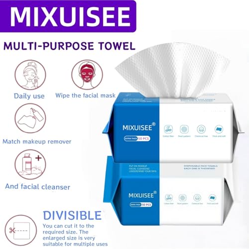 Disposable face towel,MIXUISEE thick and soft face towels,100% cotton face towels,super thick 150%. Suitable for makeup removal and cleansing, and applicable to sensitive skin(Extra thick 150 pieces)