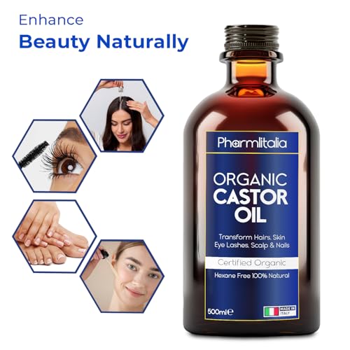 Caster Oil Organic Cold Pressed Unrefined Glass Bottle - Organic Golden Castor Oil for Face, Scalp, Eyelashes, Skin Care and Nails - Aceite De Castor Organico Puro - 500ml