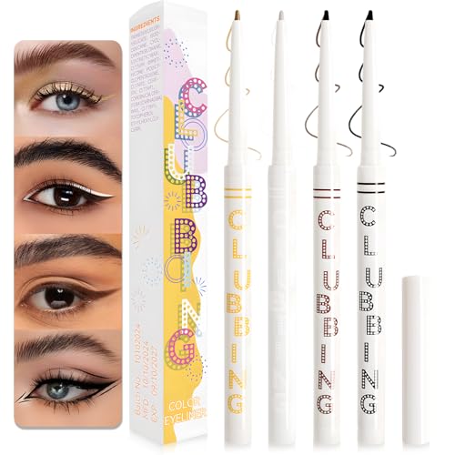 4 Colors Gel Eyeliner Pencil, Waterproof Brown Eyeliner Matte Shimmer Smooth Waterline Eyeliner Pen Gel Cream Texture Highly Pigmented Long Lasting Buildable Eyeliner, Black, Brown, White, Gold