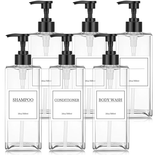 Tanlade 6 Pcs Shampoo and Conditioner Dispenser Bottles 16oz Modern Shower Soap Bottles with Pump, Labels and Marker Pen Easy to Refill Body Wash Dispensers for Home Bathroom Decoration(Clear)