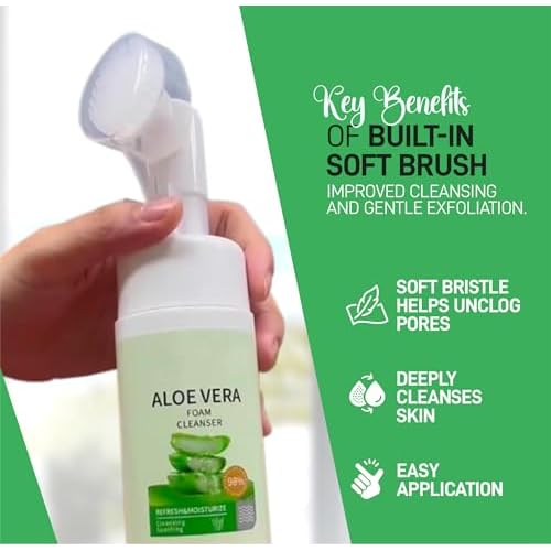 Soothing and Deep Cleansing Foaming Cleanser with Brush | Premium Face Wash for All Skin Types with Aloe Vera and Amino Acid | Fragrance Free Paraben Free | 5.27 Fl Oz