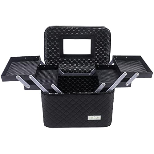 Sooyee Makeup Bag Cosmetic Bags with Mirror, Makeup Organizer 4 Layer Foldable Tray Open to The Sides,Makeup Travel Bag for Women,Makeup Box Train Case,Black