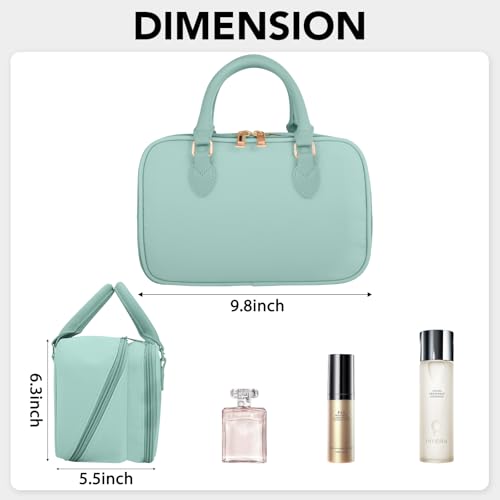 Travel Makeup Bag for Women Fashion Large Capacity Pouch Open Flat Cosmetic Portable Organizer Waterproof Large Opening Storage Toiletry Bags Vertical Free-Standing Brush Holder for Easy Access Blue
