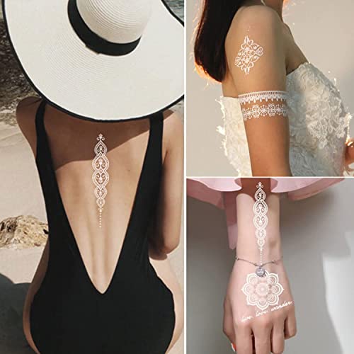 6 Sheets White Henna Temporary Tattoos for Women Girls Lace Fake Tattoo Stickers Mystery Sexy Mandala Flower Body Art Design Waterproof Henna Sticker DIY Goddess Look