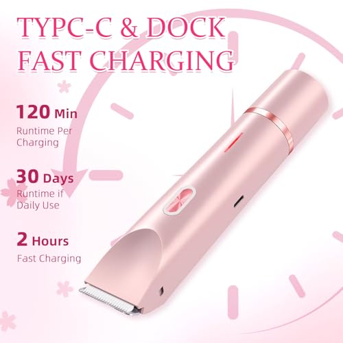Bikini Trimmer for Women, 2 in 1 Electric Razors for Women, Dermave Bikini Shaver, IPX7 Waterproof & Easy Cleaning, Ceramic Blade, 120 Min Cordless Runtime, Ultra Low Silent (Pink).