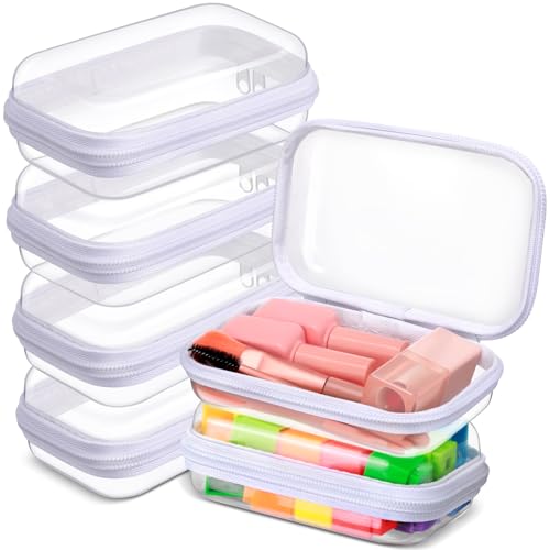Sanwuta 6 Pcs Clear Hard Zipper Case Plastic Zipper Pouches Transparent Makeup Bag Pencil Case Pouches Toiletry Diaper Bag for Travel Toy Storage Organizer Bins(White,5 x 3 x 2 Inch)