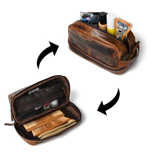 Leather Toiletry Bag ? Full Grain Cowhide, Travel Kit with Brass Zipper & Wax Thread Stitching Capacity 1L
