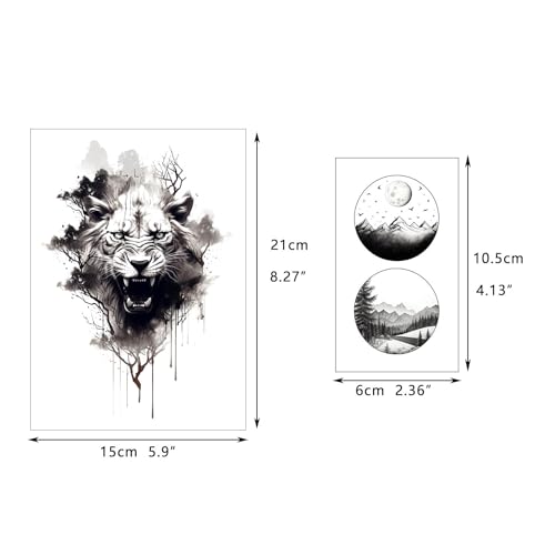 GLARYYEARS Temporary Tattoo for Men, 44-Pack Large+Small size Realistic Tattoos, Long-lasting Fake Tattoo Stickers, Cool Black Body Half Arm Tattoos, Bear Lion Wolf Tiger Rhino Deer Evil Eyes Design