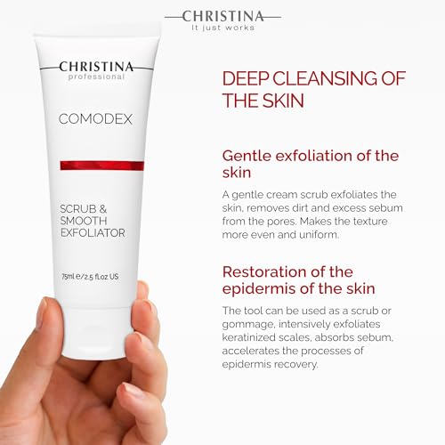 Christina Comodex Scrub & Smooth Face Exfoliator | Fights Oiliness, Visible Pores and Dark Spots | Exfoliate for face Removes Dirt and Oil Residue | Even-Toned Skin Effect 75ml