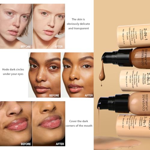 2 in 1 Foundation Concealer, Lightweight Creamy Long Lasting Face Makeup for Combination Oily Skin, Conceals Dark Circles Under Eyes Dark Spots and Blemishes, Vegan Cruelty-Free, Cappuccino