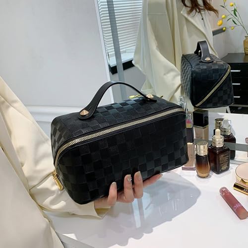 Travel Makeup Bag, Large Capacity Cosmetic Bags for Women, Waterproof Portable Pouch Open Flat Toiletry Bag Make up Organizer with Divider and Handle, Black