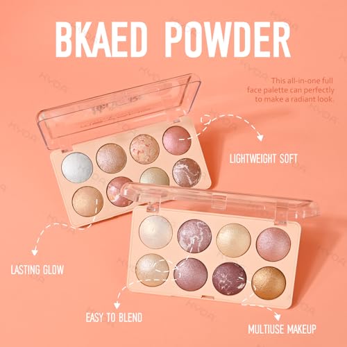 KYDA 8 Colors Baked Powder Palette, Mulitiuse Baked Powder for Eyeshadow Highlighter Contour, Lightweight Blendable, Buildable Glossy Color, Golden Luster