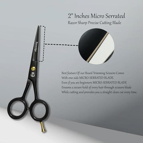 5" Professional Mustache & Beard Scissors With 1 Beard, 1 Mustache Comb & Travel Pouch, Stainless Steel Black Mustache & Beard Trimming Scissors for Men Facial Hair and Grooming.