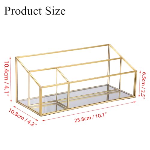 Hipiwe Makeup Organizer Countertop Cosmetic Display Case Gold Glass Vanity Storage Holder 3 Slots Dresser Bathroom Counter Organizer for Makeup Brush Lipsticks Perfume Skincare Products