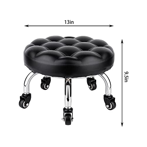 Pedicure Stool Low Roller Seat,Swivel stools Round Stool with Wheels, Black Low Chair with Wheels,PU Leather (Black StyleB)
