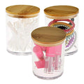 ARAD 3 Pcs Cotton Ball, Swab, Q-tip Storage, Clear Acrylic Jar Container with Bamboo Lid, Easy Organization on Bathroom Counters, Under Sink Placement or Vanity Tables-3.25" D x 4.5" H