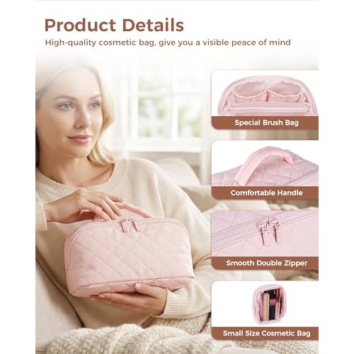 Travel Makeup Bag for Women, 2Pcs Large Capacity 180 Lay-Flat Toiletry Organizer with Brush Compartment, Waterproof Quilted Cosmetic Bag with Multiple Pockets for Travel, Vacation, Business Trip
