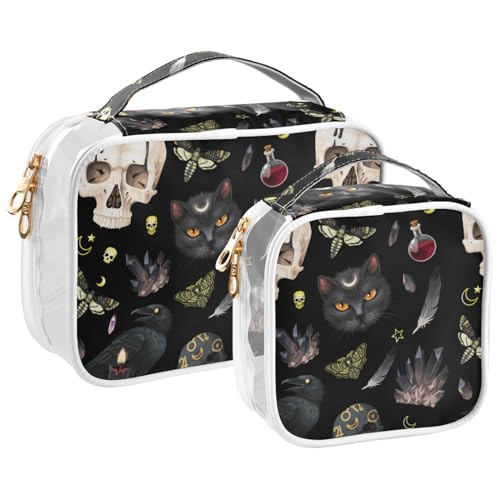 MNSRUU Clear Makeup Bags Goth Skull Moth Toiletry Bag for Women 2 PCS Waterproof Clear Bags Clear Travel Toiletry Bag Small Cosmetic Makeup Bag, Carry on Airport Airline Compliant Bag