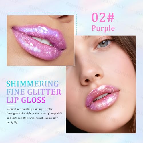Chameleon Glitter Lip Gloss Hydration Plumping Liquid Lipstick for Women, Holographic Color Shifting Moisturizing Lips Stain Oil, Natural Long Wear Nourishing Shimmer Matte Nude Lips Makeup #01 Purple