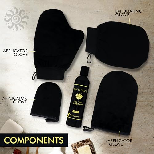 Tan Physics Self Tanner & Sunbuddy Deluxe Bundle (6pcs)?Face & Body Tanner Mitts, Exfoliation Glove, Application Mitt, Storage Bag & 8oz True Color Sunless Tanning Lotion-self tanning mitt applicator
