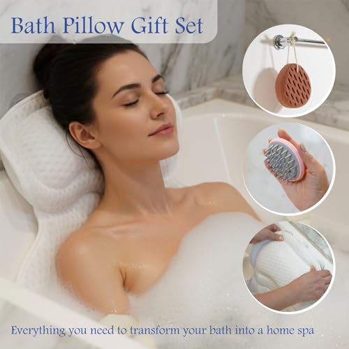 Bath Pillows for Tub, Bathtub Pillow Gift Set: 4D Air Mesh Cushion for Head & Neck, Spa Relaxing Accessories, Plus Bag, Bath Sponge & Scalp Massage Brush, Gift for Woman, by CLUB CONNEXION