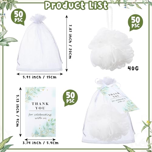 50 Sets Wedding Gifts for Guests Baby Shower Party Favors 40g White Loofah Bulk Thank You for Celebrating with Us Cards and White Organza Bags for Wedding Bridal Shower Stuffers