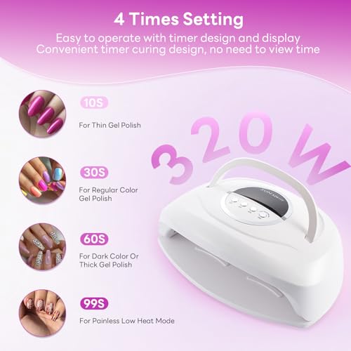 320W UV LED Nail Lamp, Professional UV Nail Dryer Light with 84Pcs LED Beads, Fast Gel Curing 4 Timer Setting Auto Sensor, Portable Handle Gel Polish for Salon and Home Nail Art Tools