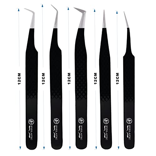 GENERIC Tweezers For Eyelash Extensions Tweezers Set of 5, Japanese Stainless Steel, Straight Curved 45 90 Degree Volume Eyelash Tweezers - BLACK
