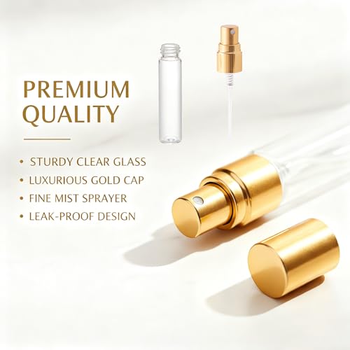 100 Pcs Mini Spray Bottles, 5 ml & 3 ml Glass Fine Mist Spray Bottles, Refillable Travel Perfume Bottle with Gold Cap, Clear Empty Portable Sample Containers for Essential Oils