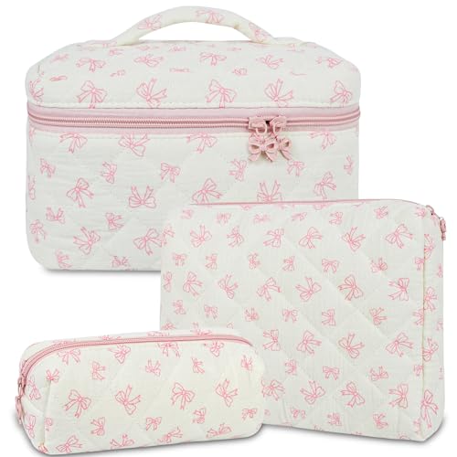 3Pcs Quilted Makeup Bag, Cute Floral Cotton Cosmetic Bag set, Coquette Bow Makeup Pouch Large Travel Toiletry Bag
