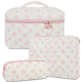 3Pcs Quilted Makeup Bag, Cute Floral Cotton Cosmetic Bag set, Coquette Bow Makeup Pouch Large Travel Toiletry Bag