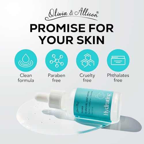 Olivia & Allison Hyaluronic Acid Serum 1.0 fl oz - With Panthenol + Olive Leaf Extract for Hydration & Calming Care