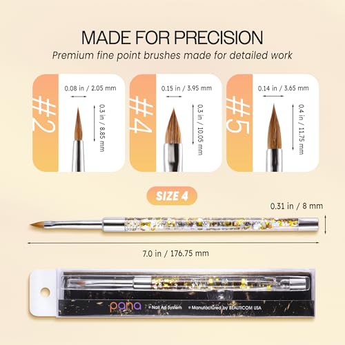 PANA 3D Kolinsky Nail Art Brush - Gold Glitter Handle, Size 4 - Acrylic Nail Art Sculpture Brush for Manicures Pedicure Salon Professional or Beginner