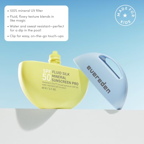 Evereden SPF50 Fluid Silk Mineral Kids Sunscreen: Clean Cooling Non-Nano UVA, UVB, & IR Protection for Sensitive Skin - Sheer, Lightweight, & Waterproof for Up to 40 Mins - Beach Day Toddler Sunscreen