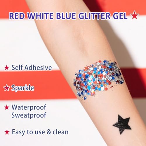 Patriotic Red White and Blue Glitter Stick, 4th of July Outfits for Body & Hair, Women Kids Fourth of July Accessories, Face Hair Glitter for Independence Day, Memorial Day, Veterans Day