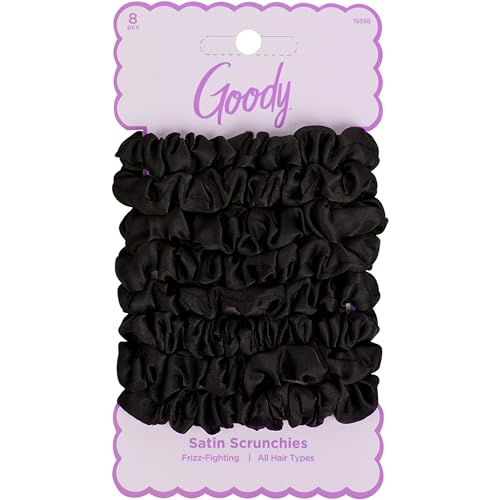 Goody Ouchless Skinny Satin Scrunchies, Frizz Fighting, No Damage Scrunchies, Gentle, Secure & Creaseless Hair Ties for Day and Overnight, All Hair Types, Gifts for Women & Girls, 8 Ct, Black