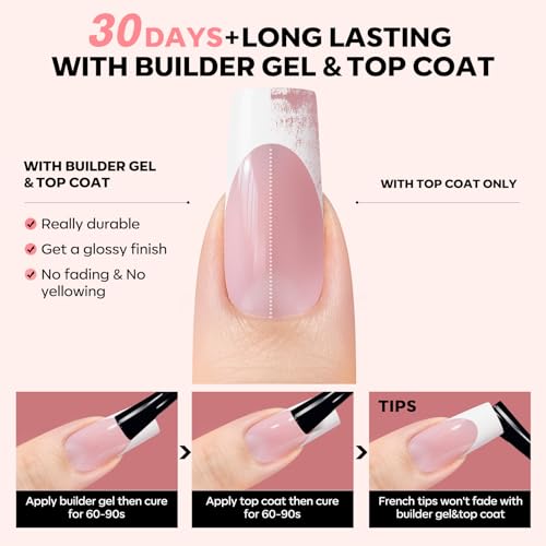 Modelones Gel Nail Kit, Top Coat, Nail Builder Gel and Nail Glue for Nail Tips, Press On Nails Kit with LED Light, 150 PCS Long Pink Square, 15 Sizes French Tip Press on Nails