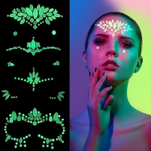 Face Gems Stickers, Glow In The Dark Face Jewels Glitter Stickers Temporary Tattoos Eyes Body Paint Gems For Black Light Neon Uv Music Festival Rave Accessories Concert Graduation Party Makeup